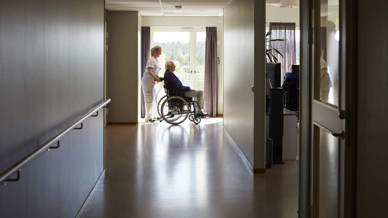 Female nurse pushing elderly man in wheelchair at an aged care facility.
