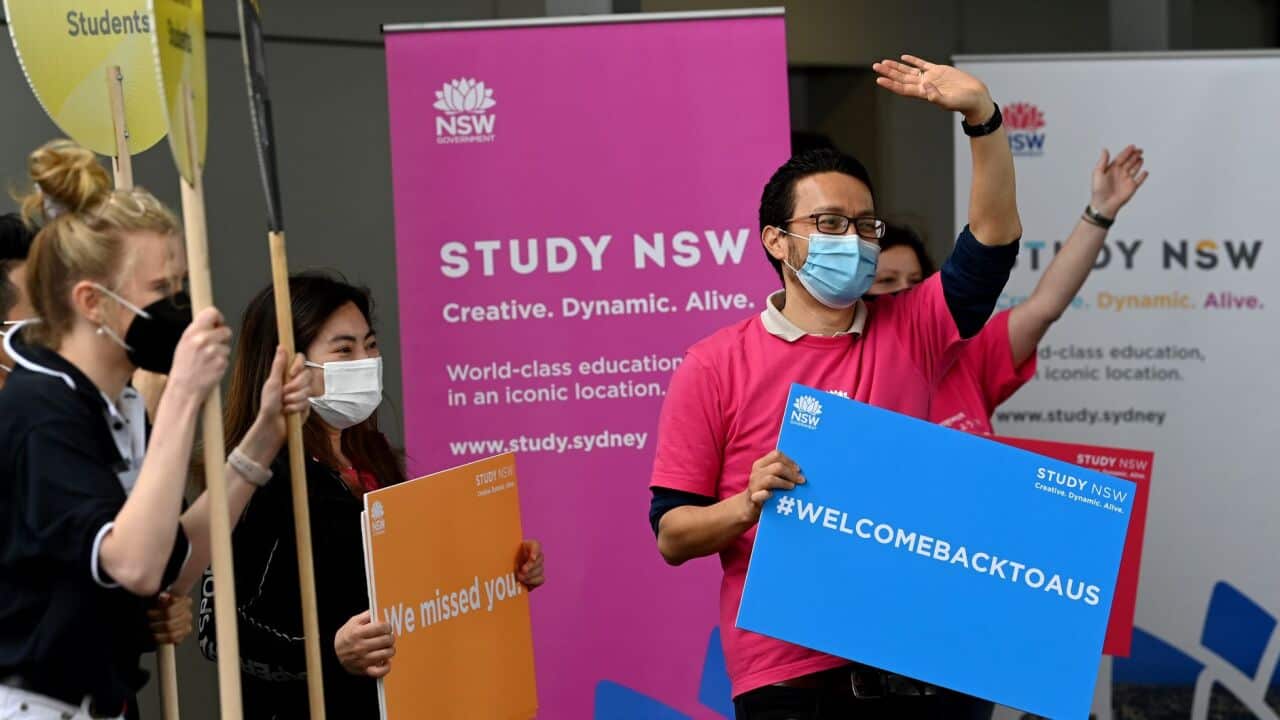 University representatives hold signs as international students arrive at Sydney Airport in Sydney