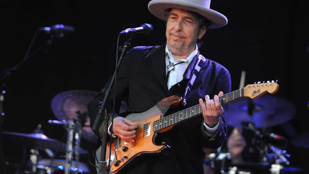 Bob Dylan performs on stage during the 21st edition of the Vieilles Charrues music festival on July 22, 2012 in Carhaix-Plouguer, western France. (FRED TANNEAU/AFP/Getty)