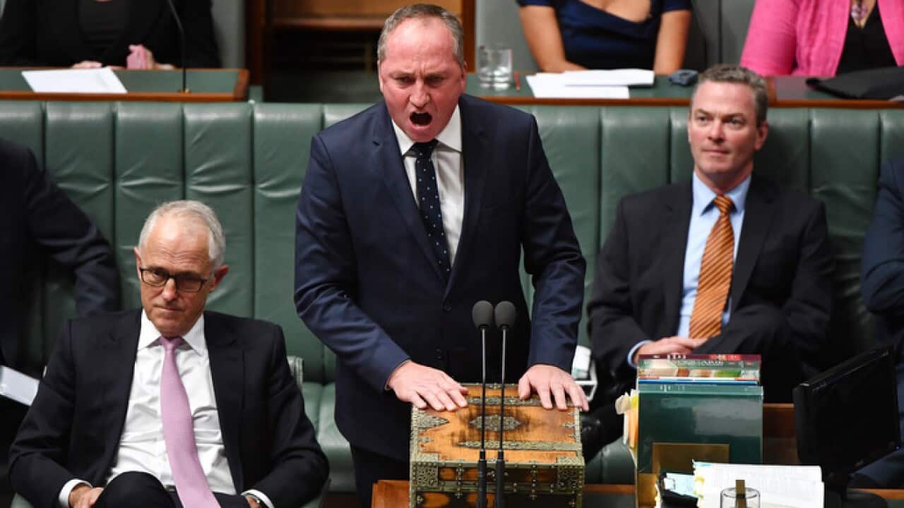 Deputy Prime Minister Barnaby Joyce during Question Time in the House of Representatives at Parliament House in Canberra, Wednesday, February 14, 2018. (AAP Image/Mick Tsikas) NO ARCHIVING