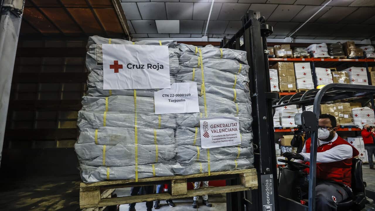 Aid destined for Ukraine at the Red Cross Logistics Centre in Valencia, Spain