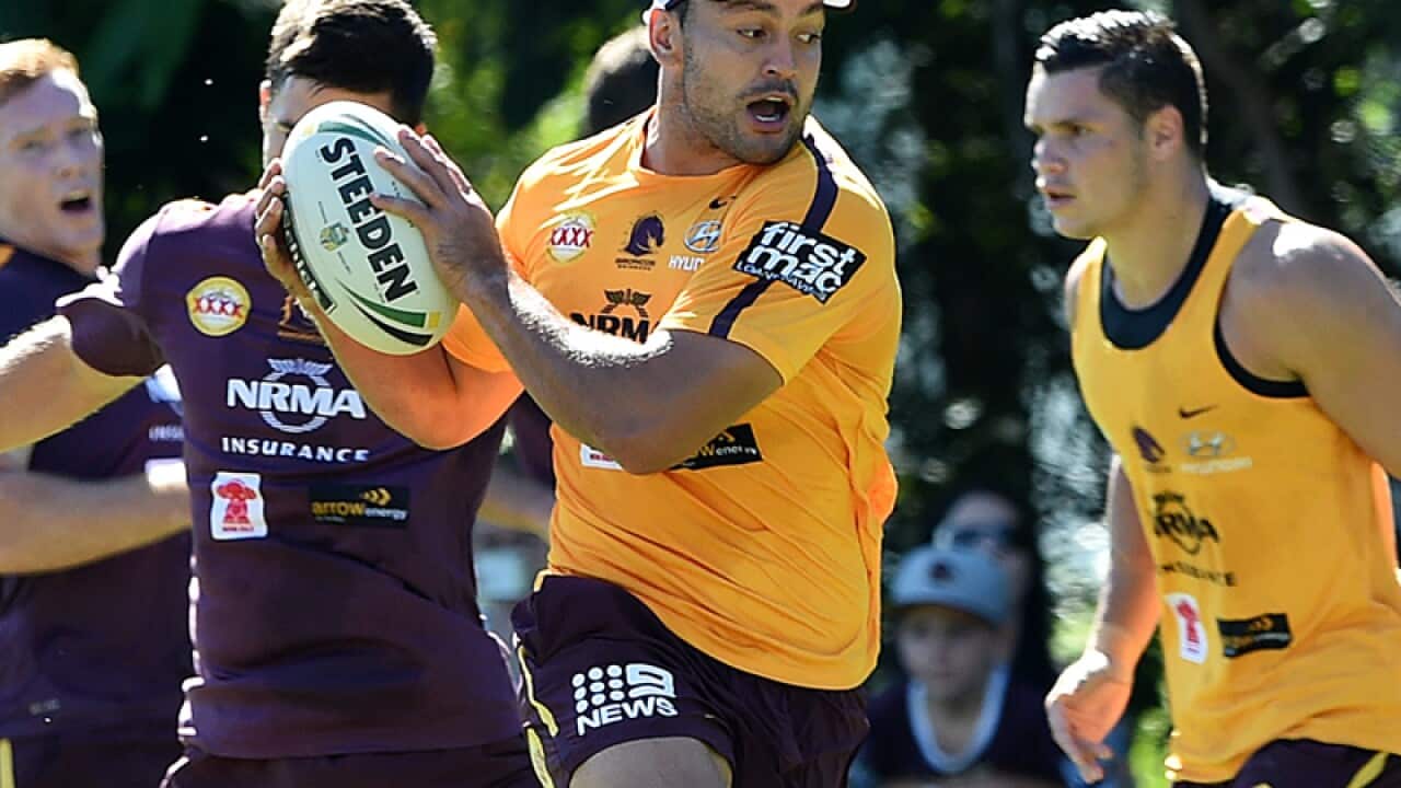 Alex Glenn runs the ball during Brisbane Broncos training