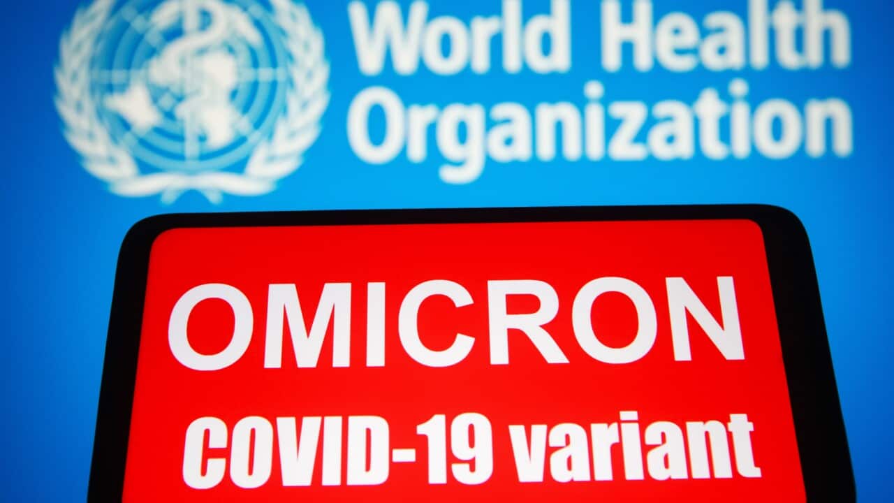 Omicron COVID-19 variant is seen on a mobile phone screen in front of the WHO (World Health Organization) logo in the background.