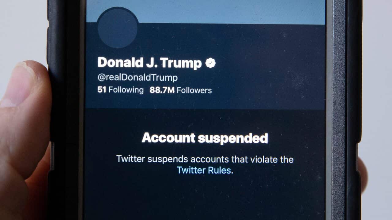 A mobile phone displays the suspended status of the Twitter account of US President Donald Trump.