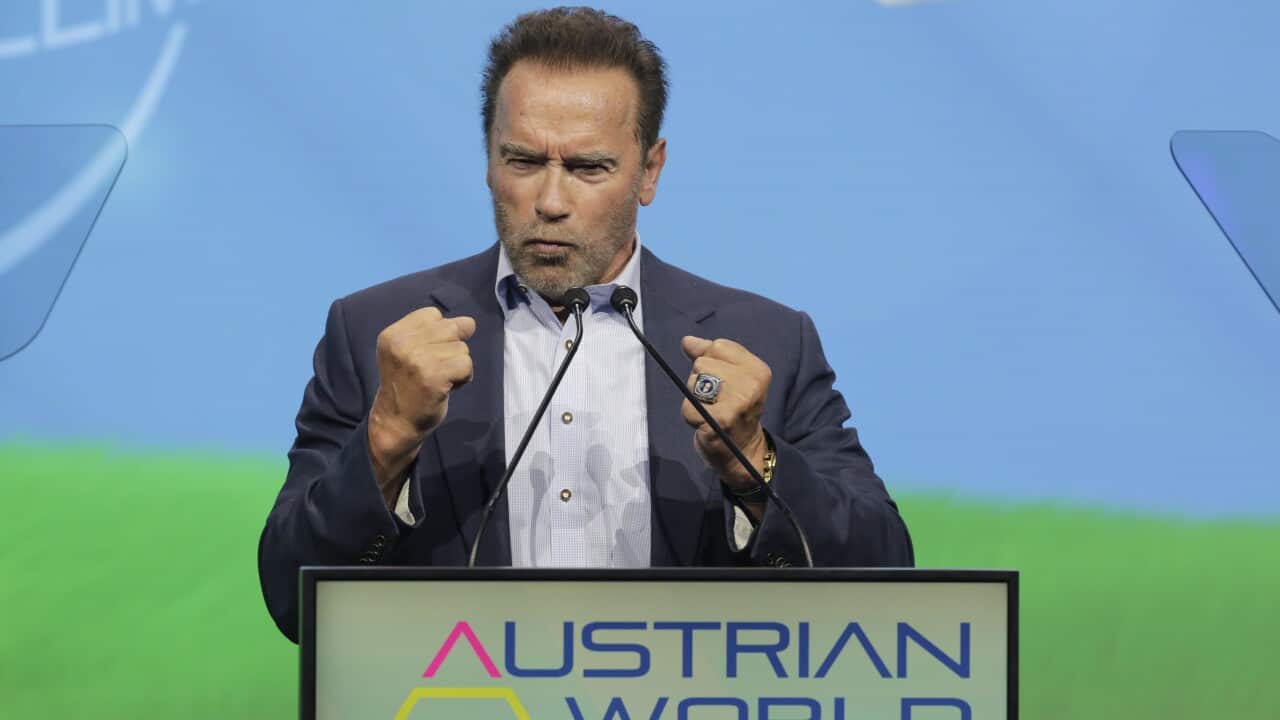 Arnold Schwarzenegger, Founder of the Austrian World Summit, talks on stage about climate change action in Vienna, Austria.