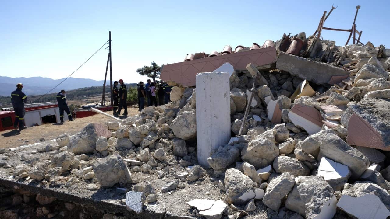 A demolished Greek Orthodox church of Profitis Ilias after a strong earthquake in Arkalochori village on the southern island of Crete, Greece.