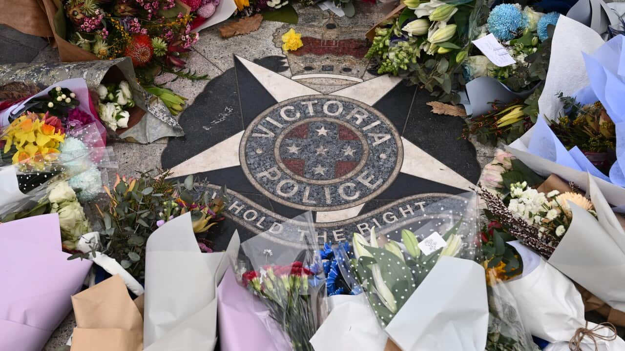 Floral tributes at the Police Memorial in Melbourne, Thursday, August 28, 2025.