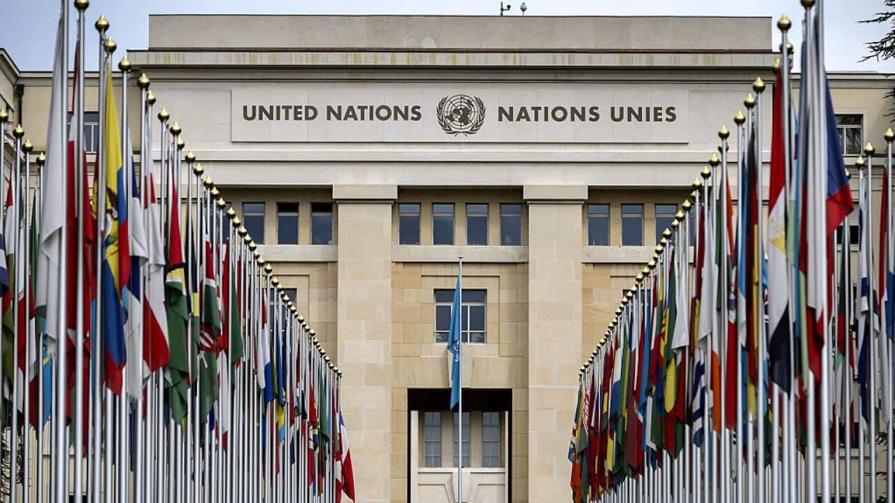 A photo taken on September 15, 2015 shows flags lining the front lawn of the "Palais des Nations", which houses the United Nations Office in Geneva. AFP PHOTO / FABRICE COFFRINI (Photo credit should read FABRICE COFFRINI/AFP/Getty Images)
