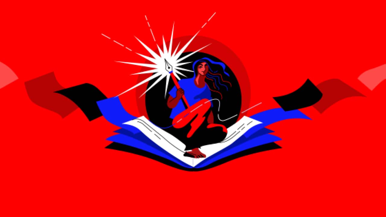 Illustration of young woman sitting on book pages