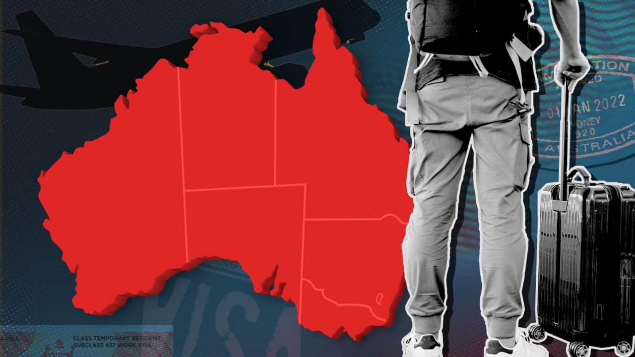 A composite picture with a red map of Australia, and a traveller with a wheeled suitcase.