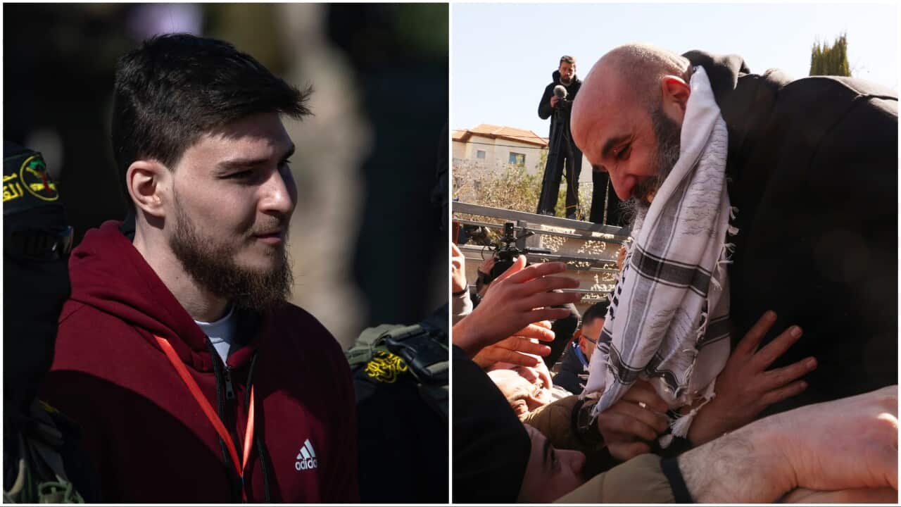 An image showing Israeli hostages being released in exchange for Palestinians detained in Israeli prisons.