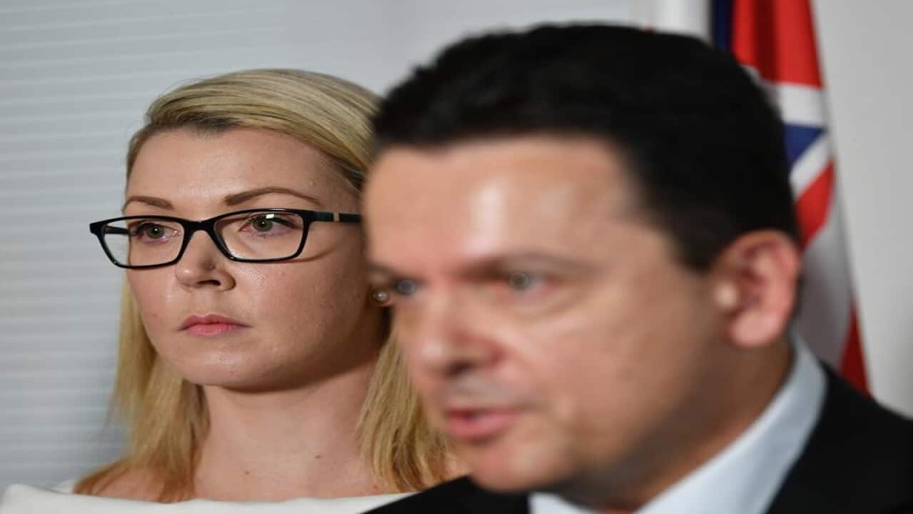 Senator Skye Kakoschke-Moore looks on after announcing her resignation