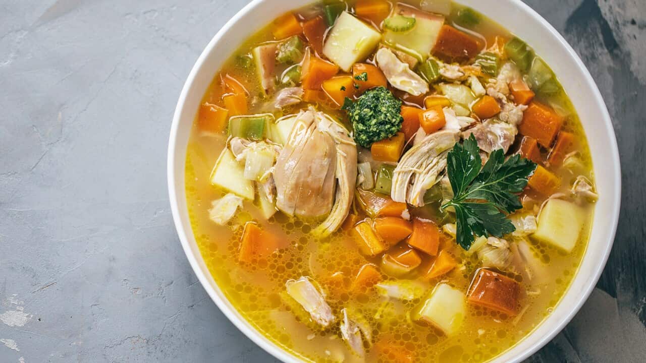 Chicken and vegetable soup with parsley pesto