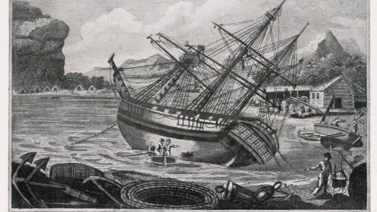 Repairs being carried out on Cook's ship the Endeavour.