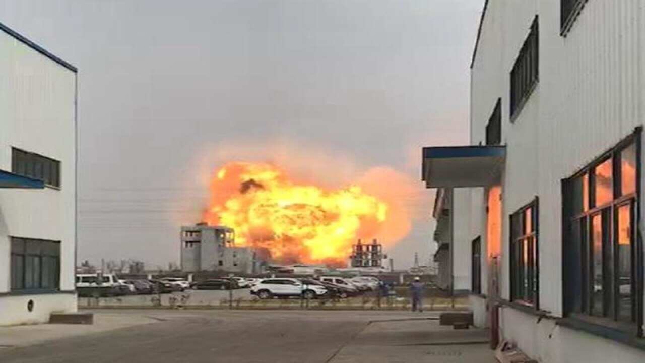Flames rise in the explosion at a chemical plant in Jiangsu, China.