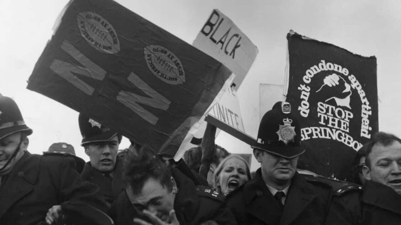 Anti-apartheid demonstrators riot at the St Helen's Rugby Ground, Swansea, Australia in 1969 (Getty Images)