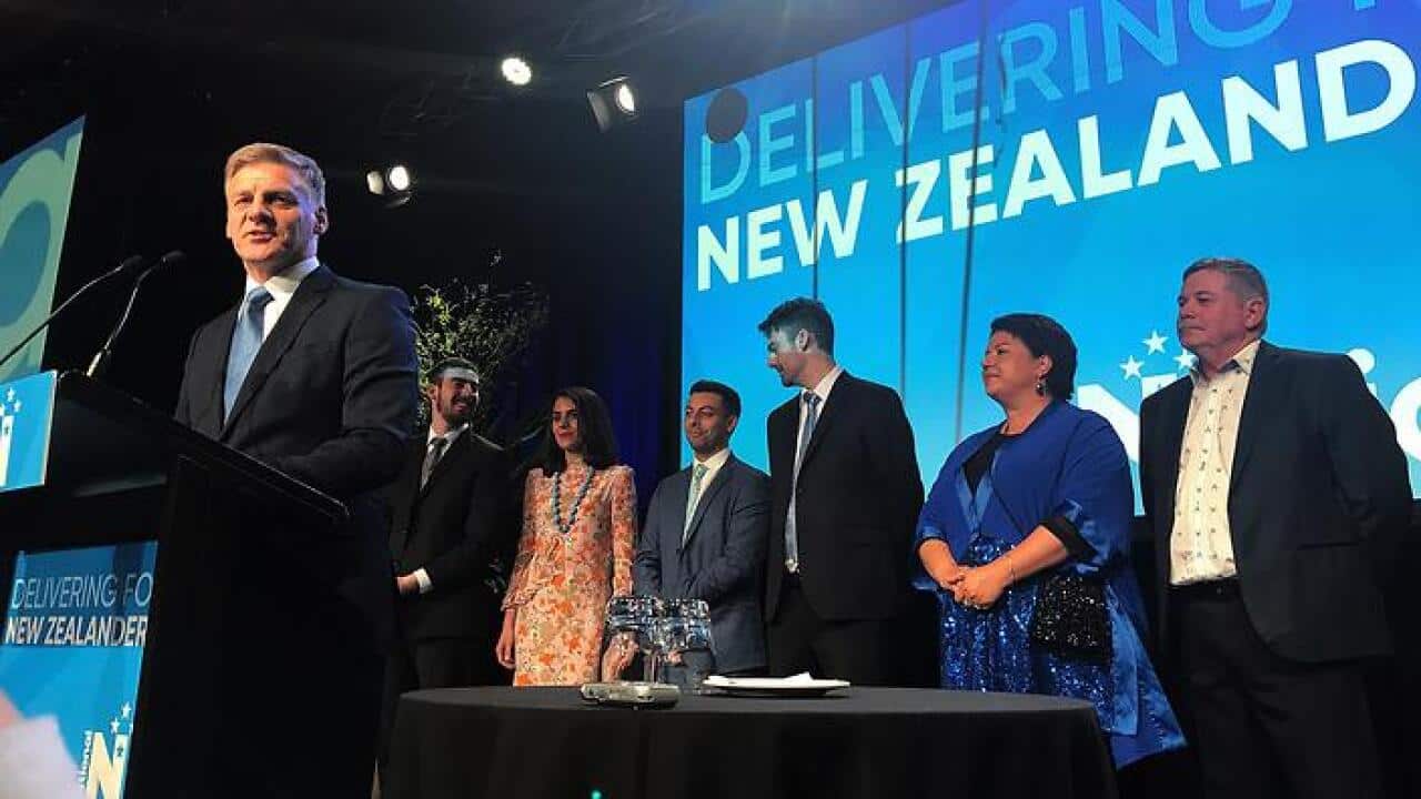 National Party leader Bill English addresses supporters at the National Party election night event in Auckland.
