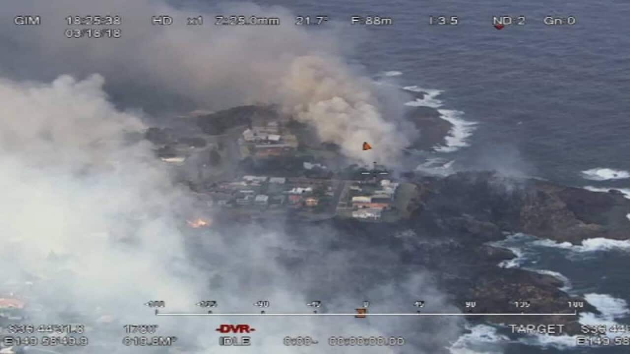 An aerial view of the bushfire in Tathra