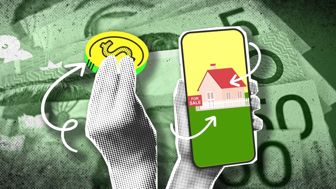 A graphic image of a hand holding a coin and another hand holding a phone with a picture of a house with a "for sale" sign on it. There are white arrows around the various elements implying money circulating.