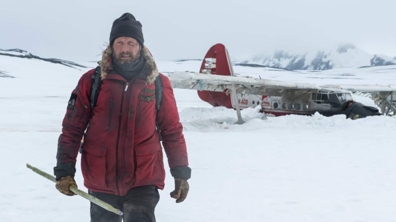 This image released by Bleecker Street shows Mads Mikkelsen in a scene from "Arctic." (Helen Sloan/Bleecker Street via AP)