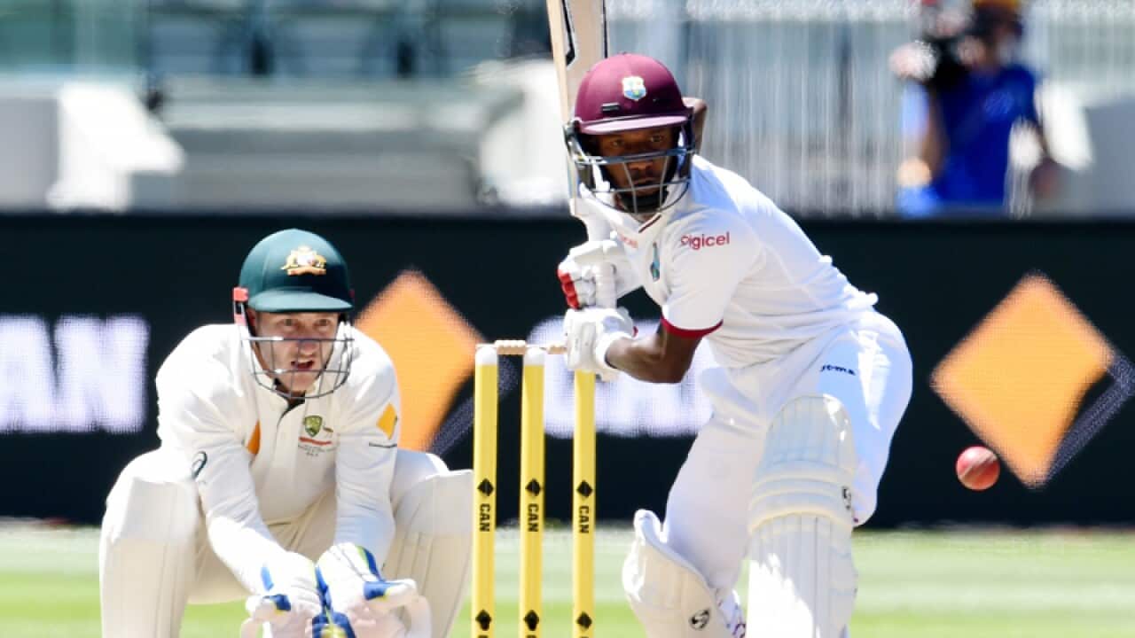West Indies batsman Jermaine Blackwood plays a shot