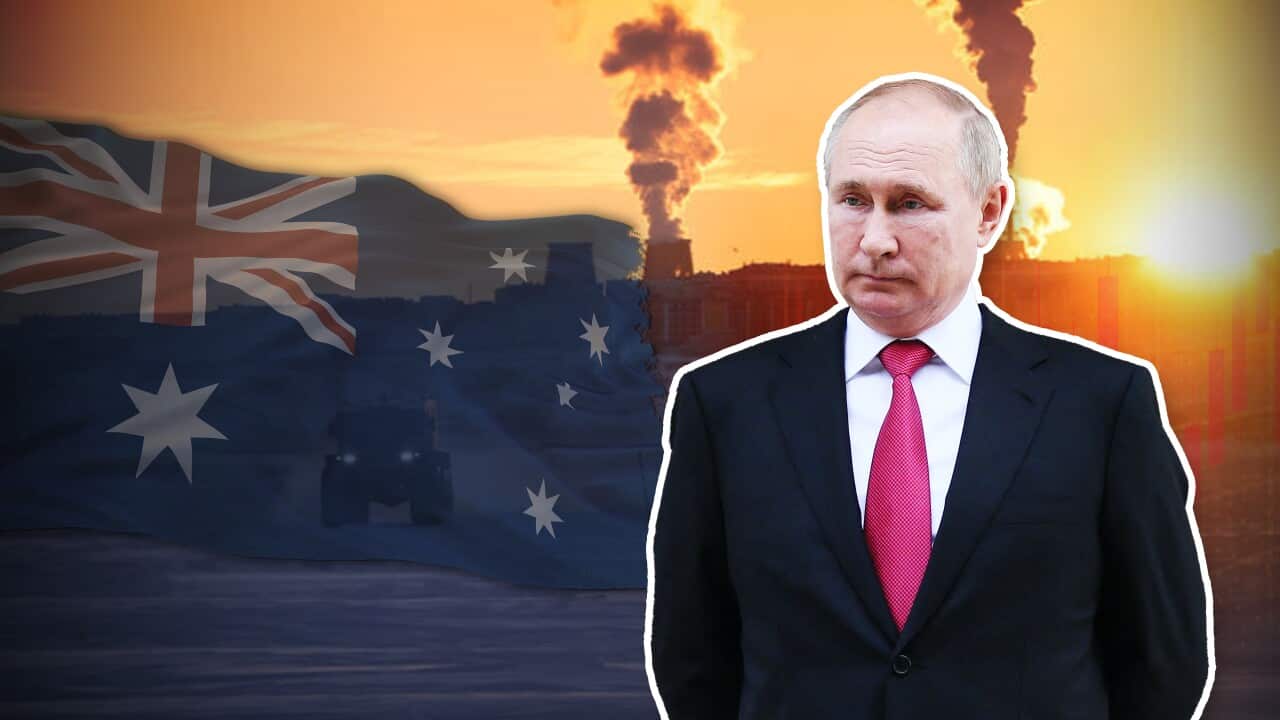A graphic of Vladimir Putin wearing a suit superimposed over an Australian flag.