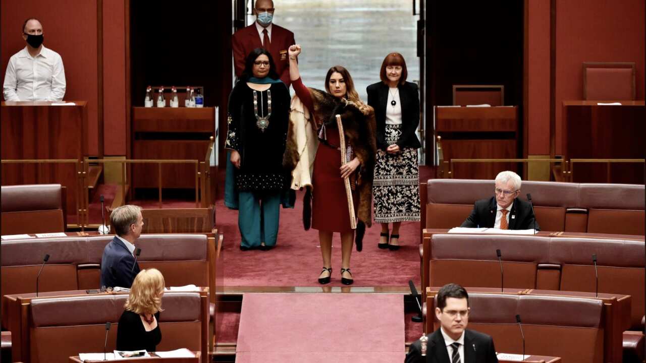 Victorian Greens Senator Lidia Thorpe enters Senate Chamber.