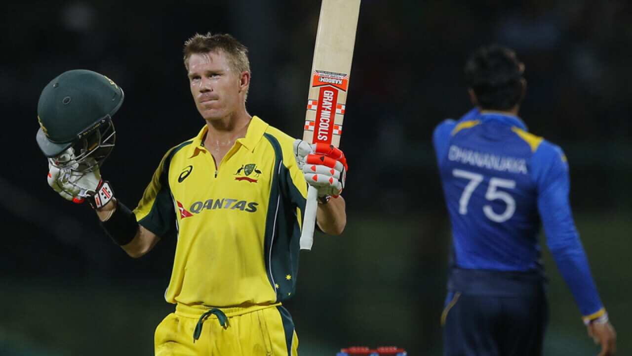 David Warner celebrates scoring a hundred against Sri Lanka