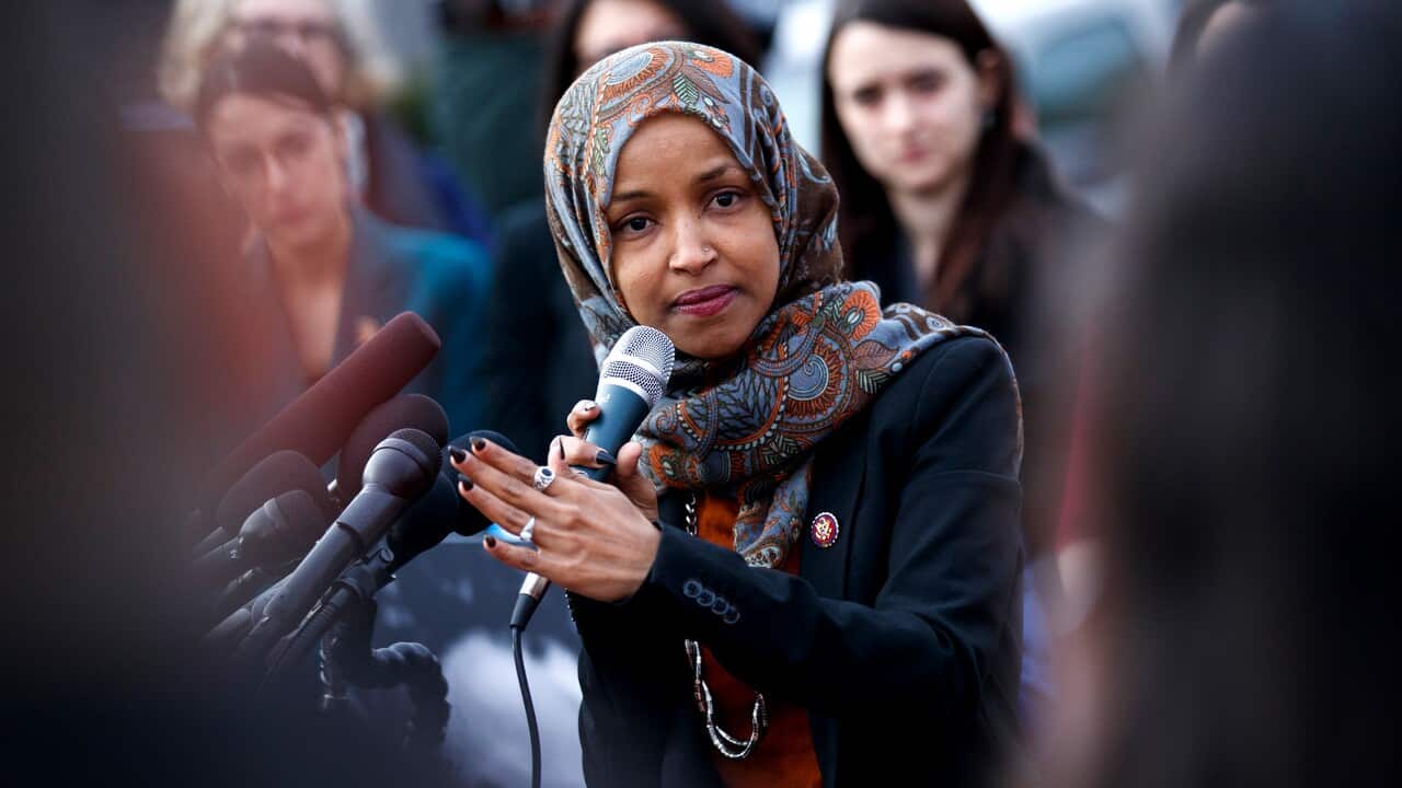 Democratic Representative from Minnesota Ilhan Omar delivers remarks during a press conference on deportation at Capitol Hill in Washington, DC.