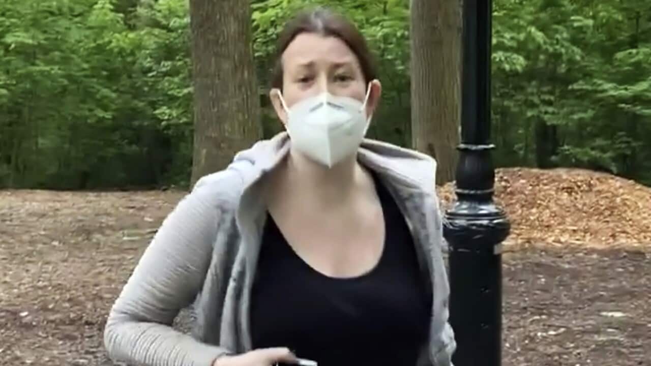 Amy Cooper with her dog talking to Christian Cooper in Central Park in New York.