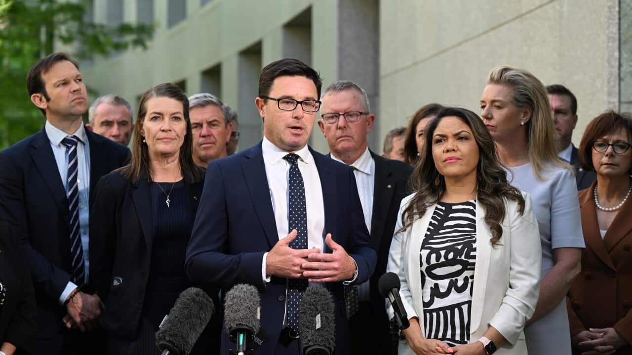 David Littleproud and Jacinta Price appear at a press conference with microphones, with nationals colleagues behind them
