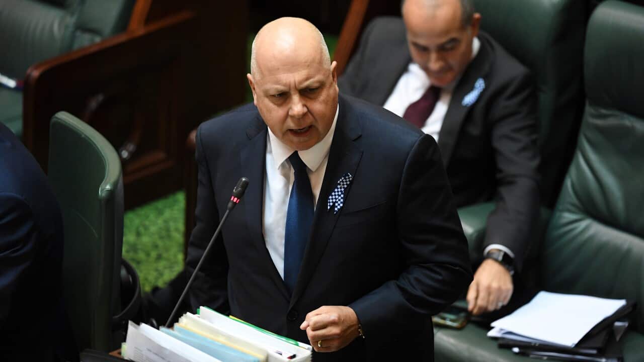 Victorian Treasurer Tim Pallas speaks during question time in the Legislative Council at the Parliament of Victoria at Parliament House in Melbourne, Thursday, April 23, 2020. (AAP Image/James Ross) NO ARCHIVINGe