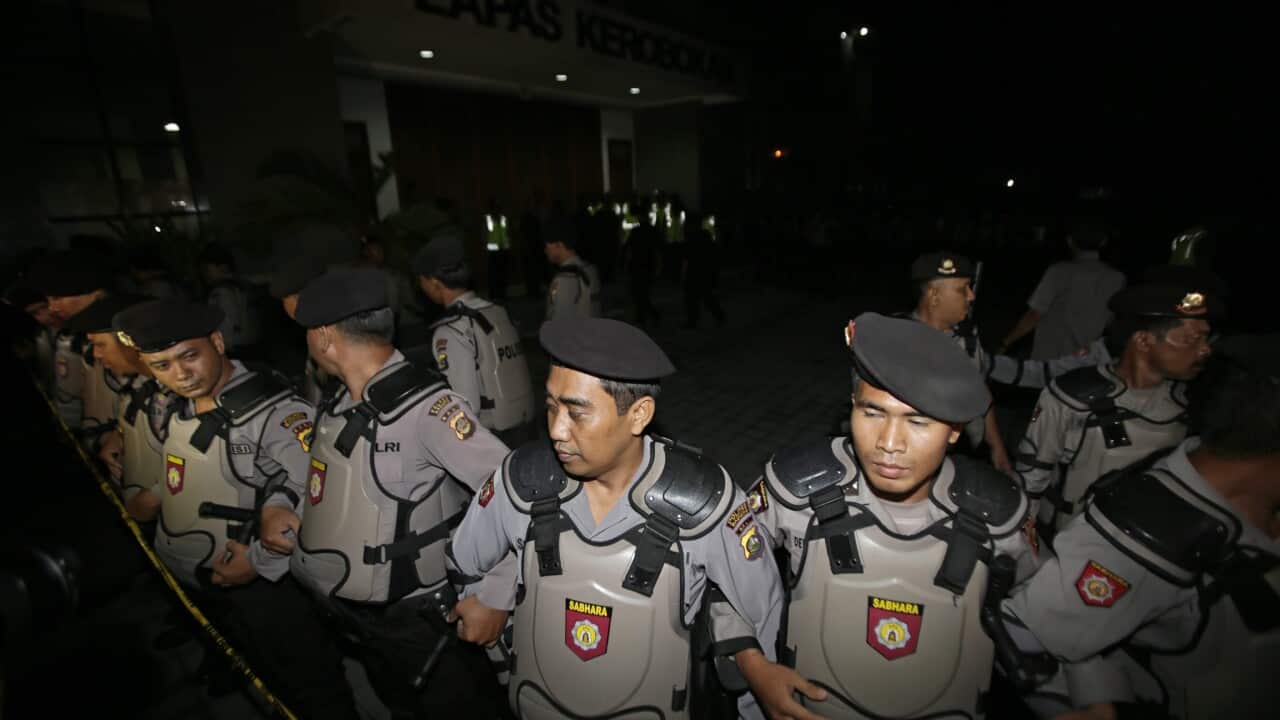 Indonesian police line up during a preparation 