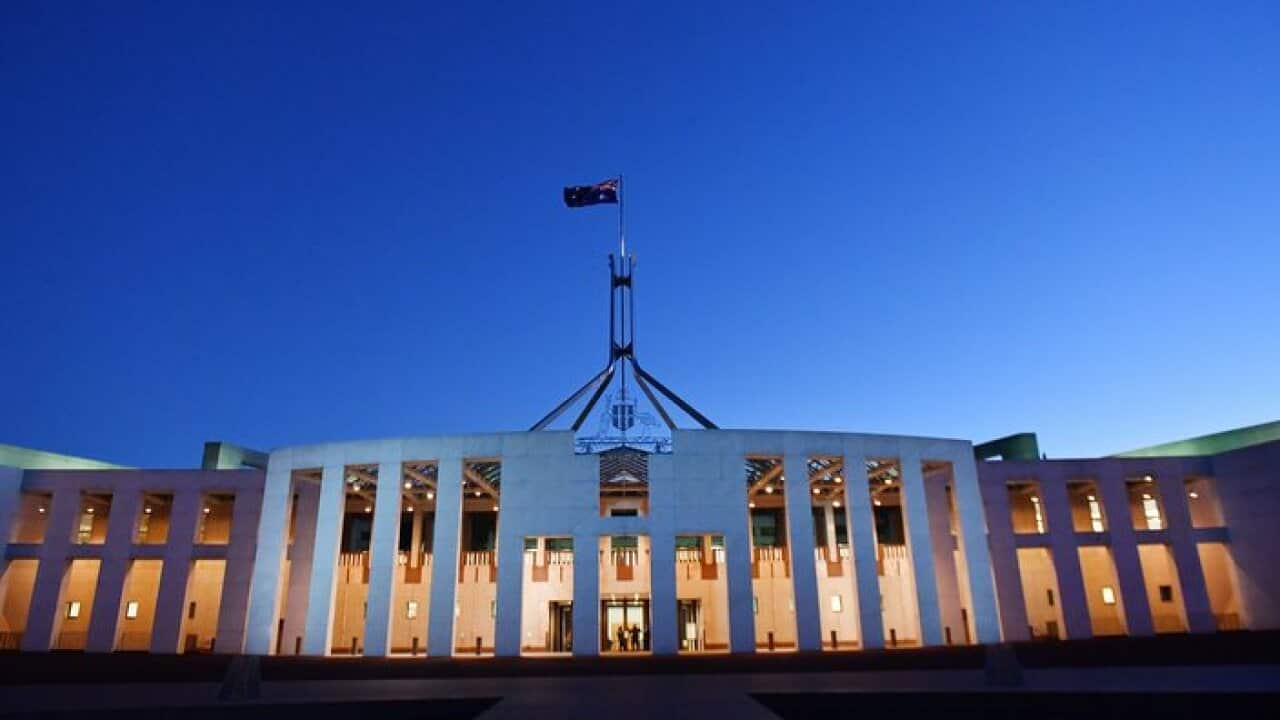 The front entrance of Parliament House in Canberra