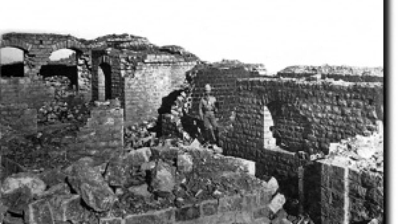 The burnt-out interior of Saragarhi where the bodies of 21 brave men of the 36th Sikhs were found on the 14th September after the seige on 12th.
