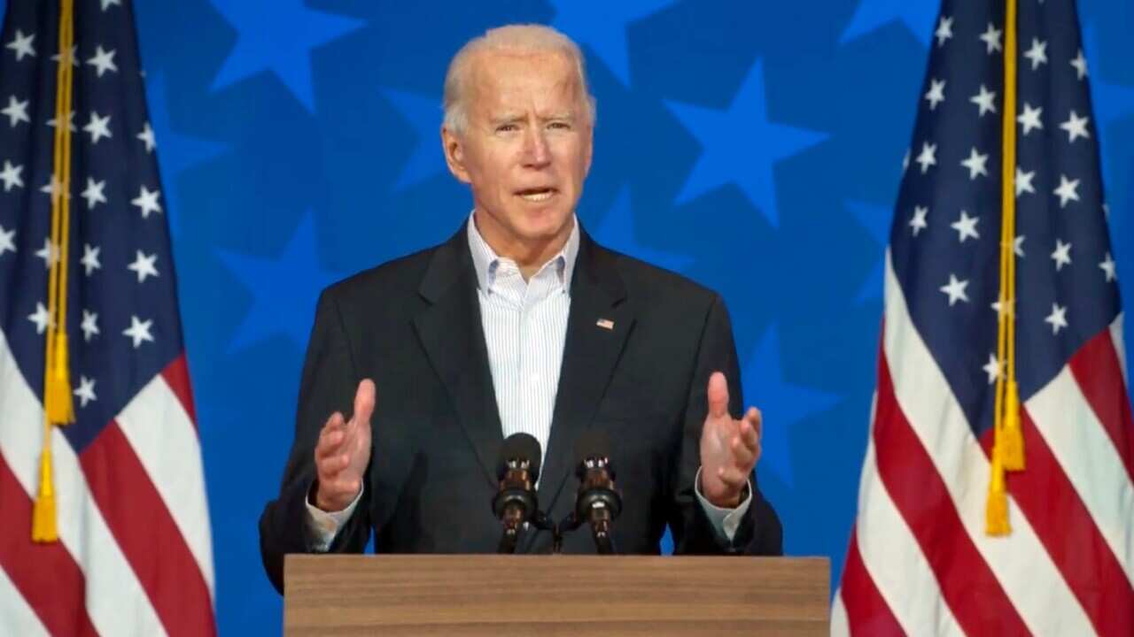 In this image from the Biden Campaign video feed, former United States Vice President Joe Biden, the 2020 Democratic Party nominee for President of the US, makes remarks on the continuing vote count in several states, from the Queen Theatre in Wilmington,