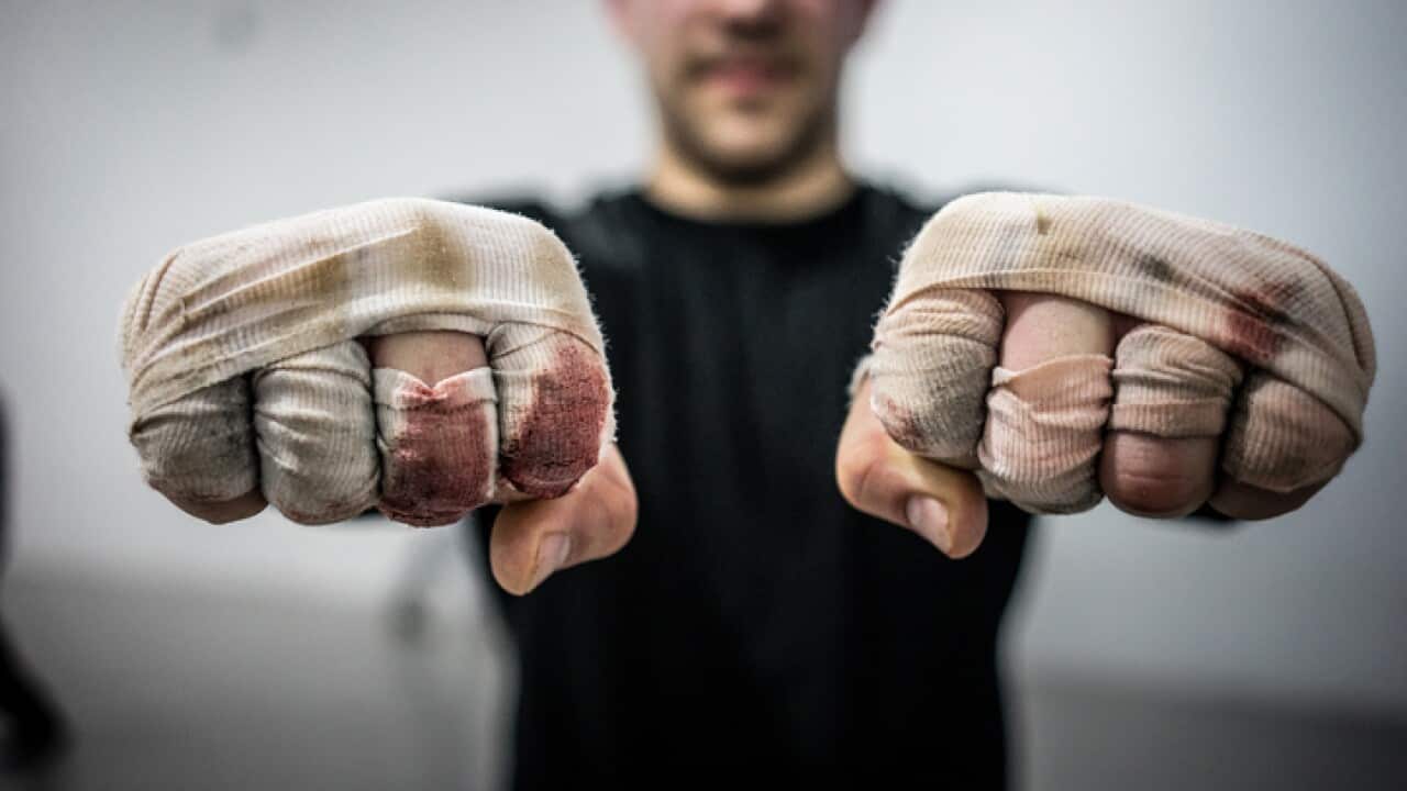 Close-Up Of Male Athlete Showing Fists With Hand Wrap