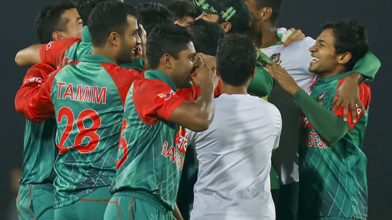 Bangladesh players celebrate victory over Pakistan in Dhaka