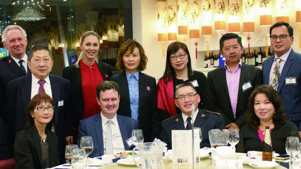 Wilkin Fon (L2), Robin Scott MP (Victorian Government) and Xuyen T. Pho (Lieut. Colonel, the Salvation Army of Australia, front row, R2)