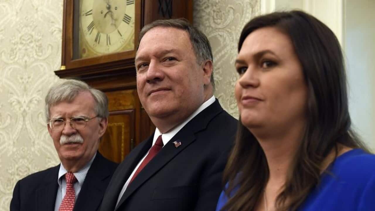 Mike Pompeo with John Bolton and Sarah Sanders