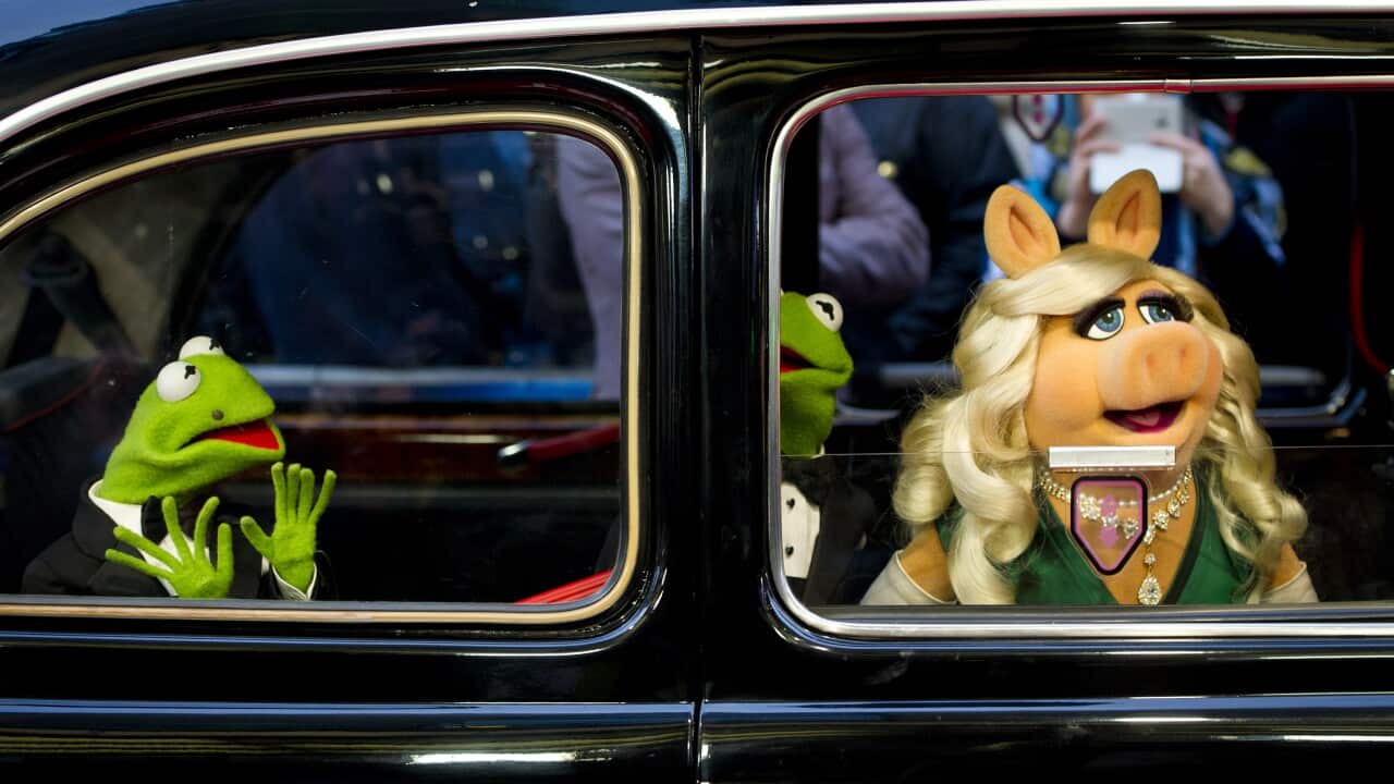 Constantine, Kermit The Frog and Miss Piggy arriving at the premiere of Muppets Most Wanted, at the Curzon Cinema in Mayfair, London. (AAP)