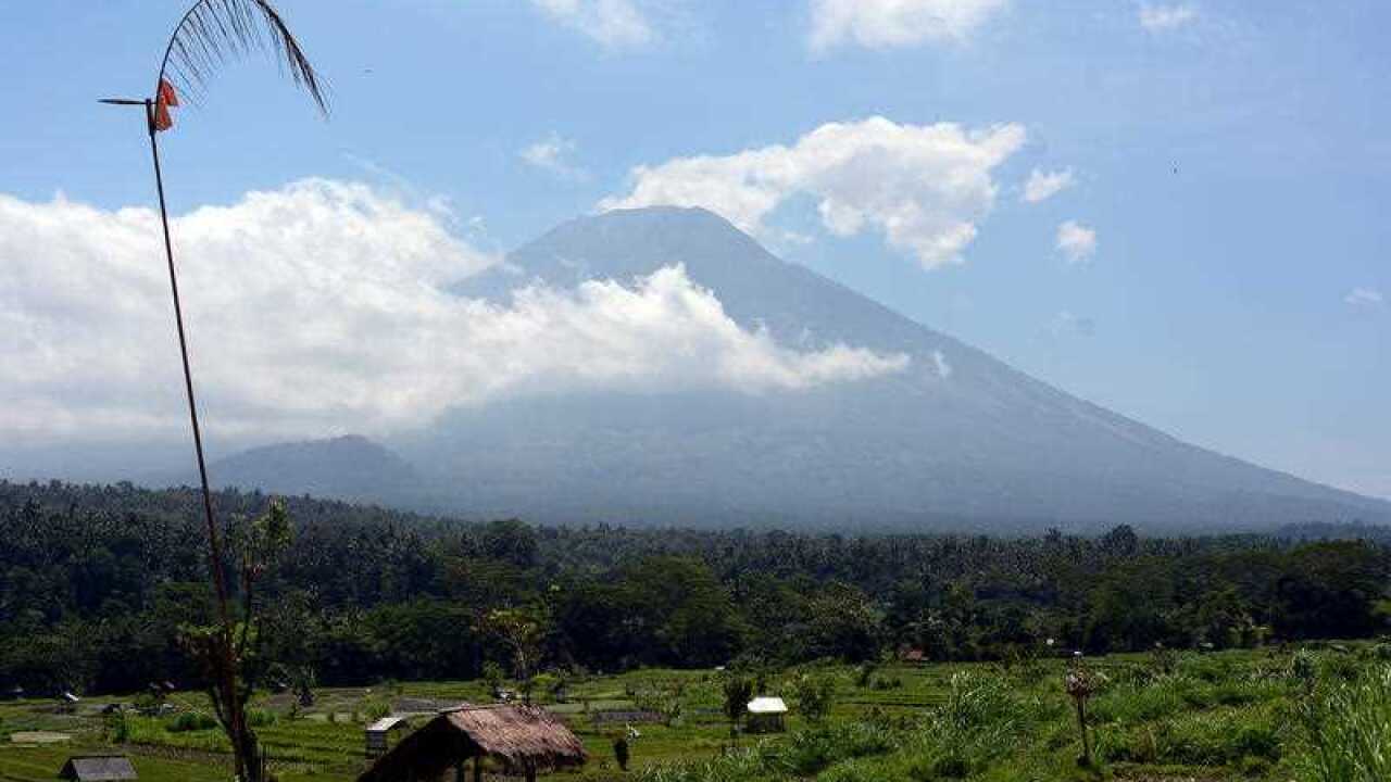 The Mount Agung is seen from the Purahayu village in Karangasem, Bali, Indonesia on 27 September 2017. Indonesian authorities declared a state of emergency as hundreds of tremors are recorded at Bali's Mount Agung volcano.
