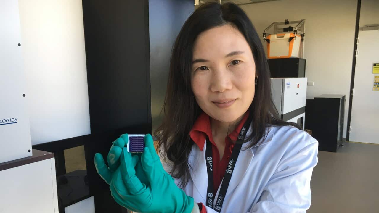 Dr Hao at with the CZTS material at UNSW