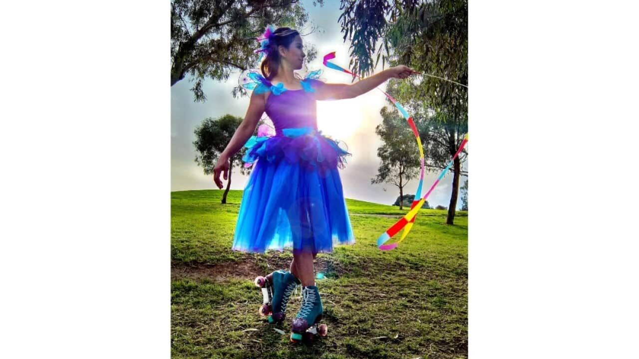 Belinda Hadiwidjaja wearing a princess costume during one of her roller skating performances.