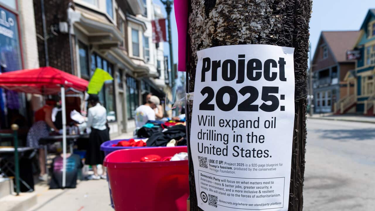 A flyer that says "Project 2025: Will expand oil drilling in the United States" is taped onto a tree on a street.