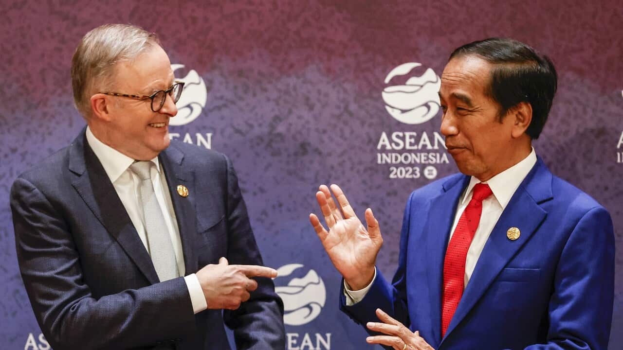 Prime Minister Anthony Albanese shakes the hand of China’s Premier Li Qiang in front of a backdrop of the two countries' flags