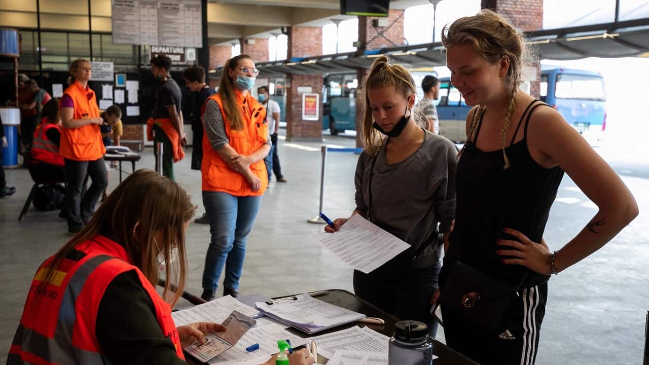 A staff from German embassy checks passenger's passports for their chartered flight back home at Tribhuvan International Airport in Kathmandu.