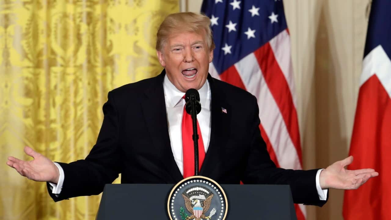 President Donald Trump speaks during a news conference with Norwegian Prime Minster Erna Solberg at the White House