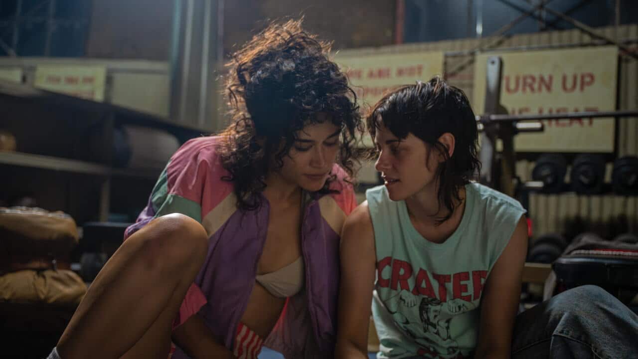 Katy M. O'Brian as Jackie and Kristen Stewart as Lou in 'Love Lies Bleeding'.