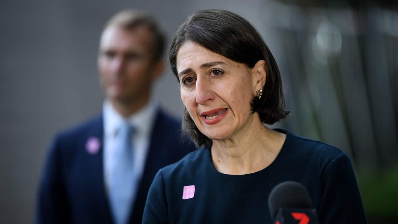 NSW Premier Gladys Berejiklian speaks to the media during a press conference outside the RFS Headquarters in Sydney, Thursday, April 2, 2020. (AAP Image/Joel Carrett) NO ARCHIVING